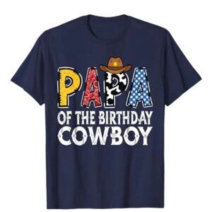 Papa of the Birthday Cowboy Western T-Shirt Blue Size Large